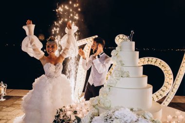 Düğün töreni. Güzel gelin ve damat gece düğün pastasıyla