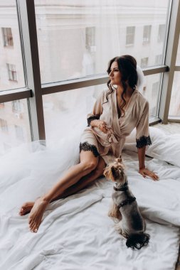 İpek bornoz ve peçeli güzel bir kadın şarap içiyor ve evde şirin küçük bir köpekle oynuyor.               