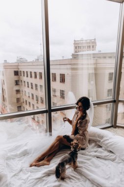 İpek bornoz ve peçeli güzel bir kadın şarap içiyor ve evde şirin küçük bir köpekle oynuyor.               