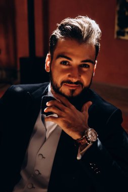 Resmi takım elbiseli genç yakışıklı adam odada poz veriyor.