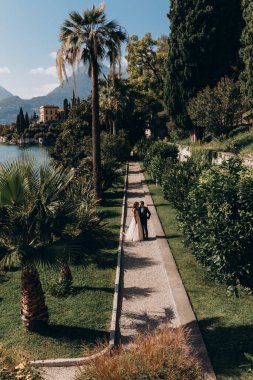 Gelin ve damat parkta bir düğün yürüyüşünde.  