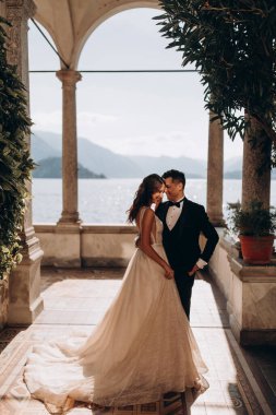 güzel mutlu gelin ve damat dağ gölü kenarında poz veriyor. 