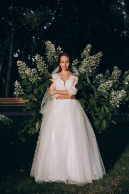 Parkta poz veren gelinlik içinde güzel bir gelin..          