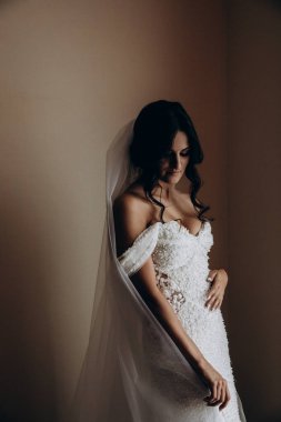 Beyaz gelinlikli genç gelin içeride poz veriyor.