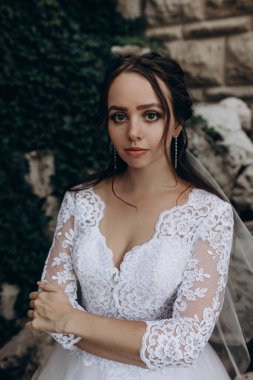 Gelinin portresi gelinlik ve duvak içinde kameraya bakıyor.