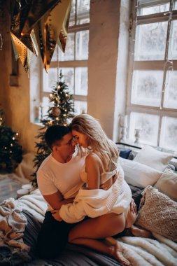 Güzel, mutlu, genç bir çift Noel dekoruyla rahat bir odada aşık.                    