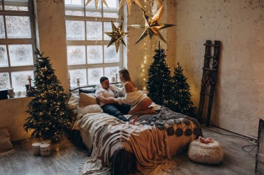 Güzel, mutlu, genç bir çift Noel dekoruyla rahat bir odada aşık.                    