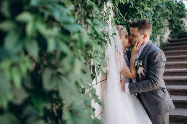 Mutlu gelin ve damat düğün günü yeşil yapraklarla duvarın yanında poz veriyor.        