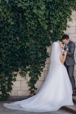 Mutlu gelin ve damat düğün günü yeşil yapraklarla duvarın yanında poz veriyor.        