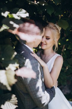 Güzel, mutlu, genç bir çift parkta birbirlerine sarılıp poz veriyorlar.                     