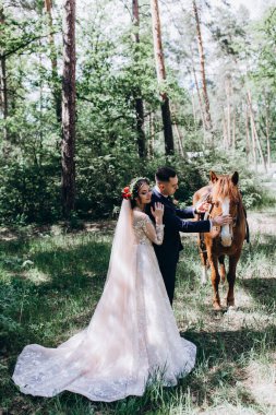 Ormanda atı olan mutlu gelin ve damat.               