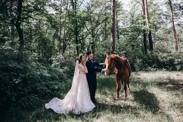 Ormanda atı olan mutlu gelin ve damat.               
