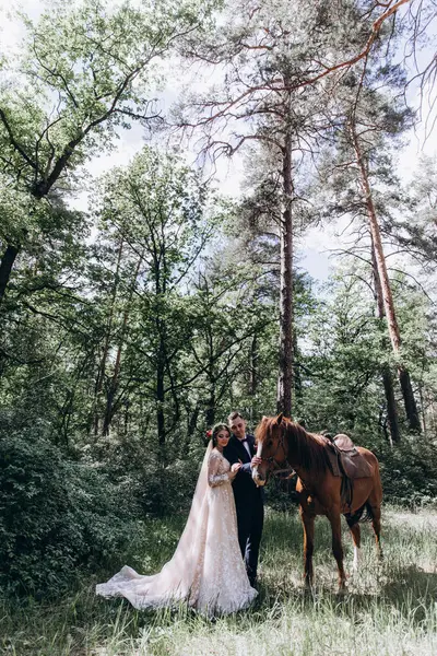Ormanda atı olan mutlu gelin ve damat.               