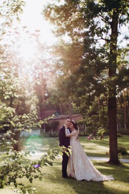 Mutlu genç çift gün batımında parkta poz veriyor.             