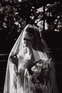 Gelinlik giymiş, duvağı takmış parkta poz veren güzel gelin. 