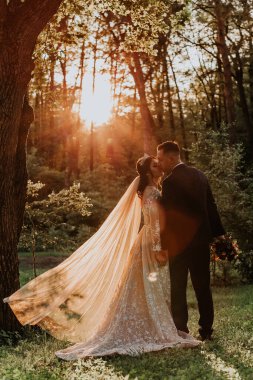 Mutlu genç çift gün batımında parkta poz veriyor.             