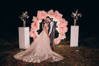 Güzel bir düğün çifti kemere karşı poz veriyor. 