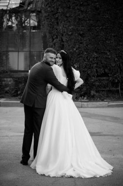 Güzel, mutlu, genç bir çift parkta birbirlerine sarılıyorlar..              