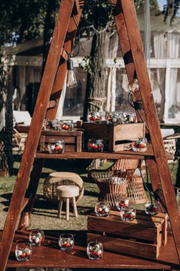 Düğün resepsiyonundaki gurme atıştırmalıklarının yakın plan görüntüsü, büfe masası.        