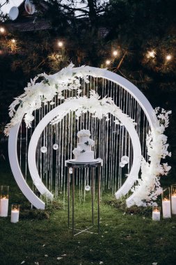 Nefis düğün pastası ve çiçeklerle süslenmiş güzel bir dekor.                 