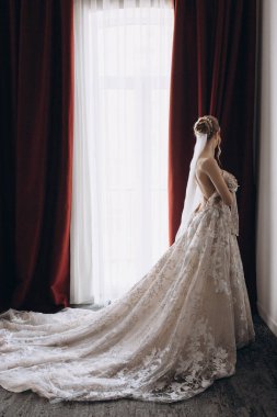 İçerde poz veren zarif gelinlik içinde güzel genç gelin.     