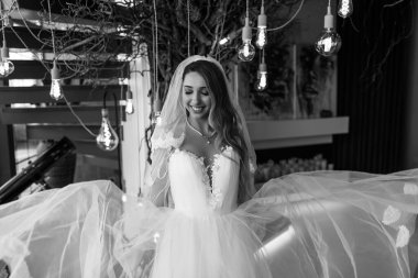 Çekici, mutlu, beyaz gelinlik ve peçeli gelin.