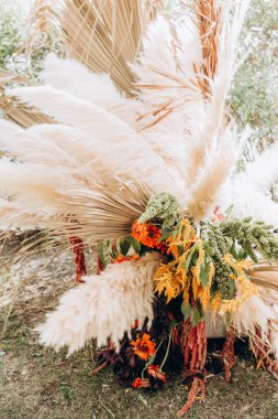 Sonbahar çiçekleri ve yapraklar çimlerin üzerinde.. 