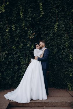 Gelin ve damat parkta sarılıp öpüşüyor.