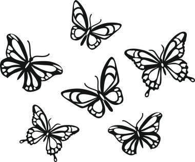 Pastaya üstlük. Soyut modern kusursuz kral kelebeği deseni dekorasyon tasarımı için beyaz arka planda şekillenir. Yakın plan tasarım elementi siyah kelebek. Yan görünüm vektör simgesi