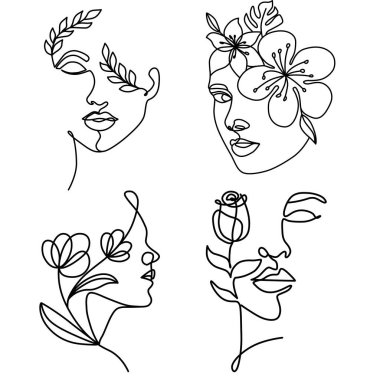 Woman face with flowers Line art. Elegant Feminine Beauty Logo. Abstract face with plants by one line drawing. Portrait minimalistic style. Botanical print. Suitable for laser cutting.