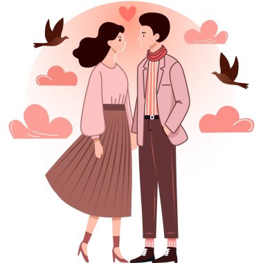 Birbirine aşık bir çift. Kız ve erkek. Sevgililer Günü illüstrasyonu. Vektör illüstrasyonu.