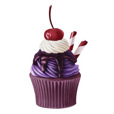 Kremalı ve kirazlı kek, tatlı illüstrasyon.