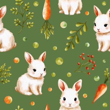Koyu yeşil arkaplanda havuç ve bitkilerle suluboya tarzında Paskalya deseni