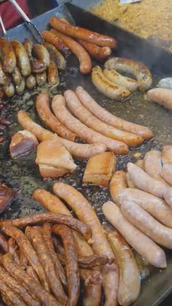 Grilled Sausages Roasting Barbecue Cooking Grilled Fried Meat Pork Picnic — Stock Video