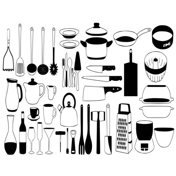 白い背景にキッチン用品のベクトルシルエット — ストックベクタ