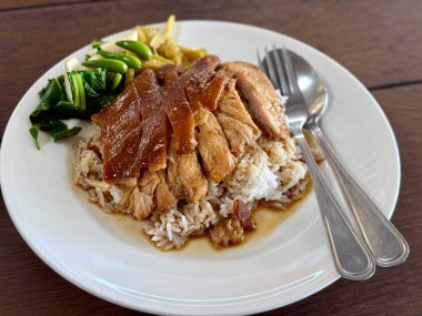 Pirinç ve sebzeli kızarmış et fotoğrafı.