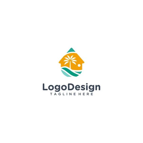 Ilustração Praia Casa Pôr Sol Logotipo Design Vetor —  Vetores de Stock