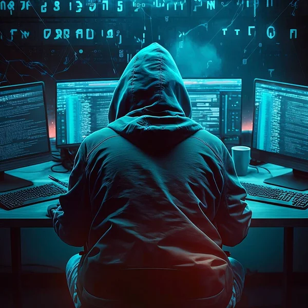 Person in glasses and black hood sitting in front of several computer monitors typing hacking code with forbidden sign. High quality photo