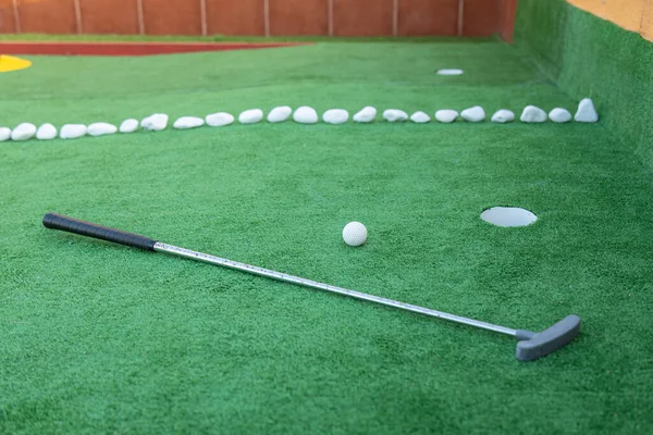 Mini golf equipment, golf club, ball and hole on green ground