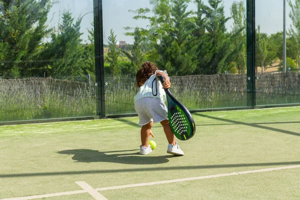 Little Girl Picking Tennis Ball Ground Paddle Court Fotografia De Stock