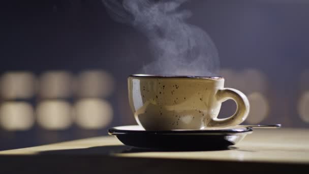 Bellissimo Video Sfondo Una Tazza Caffè Fumante Una Bevanda Tonificante — Video Stock