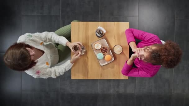 Životní Styl Dvě Přítelkyně Povídají Pijí Kávu Kavárně Mladé Bělošky — Stock video