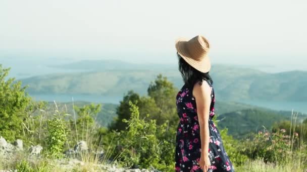Una Hermosa Chica Caucásica Vestido Sombrero Está Caminando Naturaleza Una — Vídeos de Stock