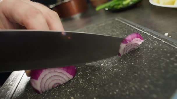 양파를 절단하는 동작의 주방에서 샐러드 재료를 합니다 고품질 — 비디오