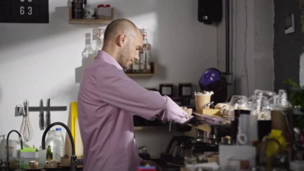 Male Barista Churns Milk Coffee Machine Cappuccino Latte Preparation Professional — Stock Video