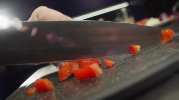Slow Motion Close Video Knife Cutting Bell Oven Board Chef — Stock Video