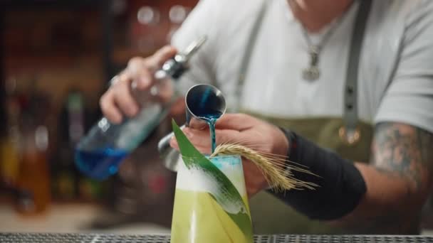Bir Barmen Bardaki Bir Kokteyle Alkol Ekler Alkollü Bir Kokteyle — Stok video