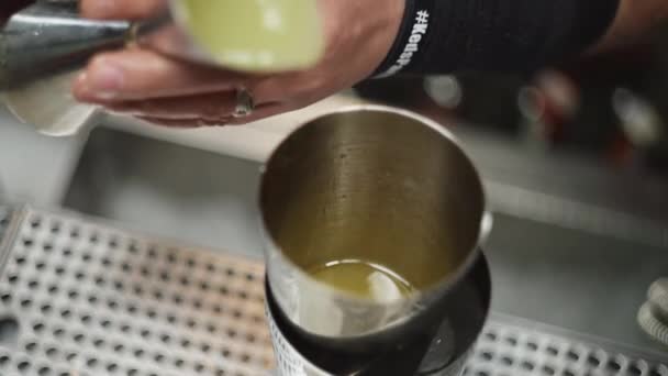 Close Derramar Ingrediente Para Coquetel Uma Coqueteleira Barman Prepara Uma — Vídeo de Stock
