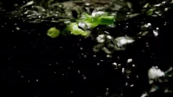 Filmik Zwolnionym Tempie Wrzucania Zielonej Cebuli Gorącej Wrzącej Wody Wysokiej — Wideo stockowe