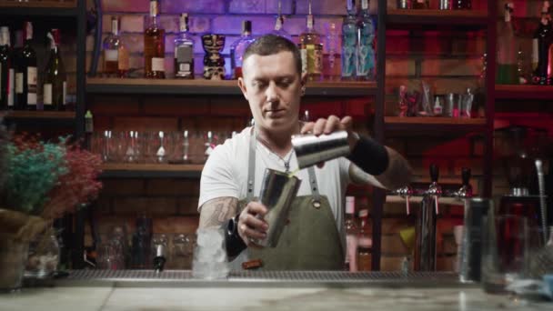 Der Barkeeper Gießt Die Cocktailzutaten Einen Shaker Und Schüttelt Ihn — Stockvideo